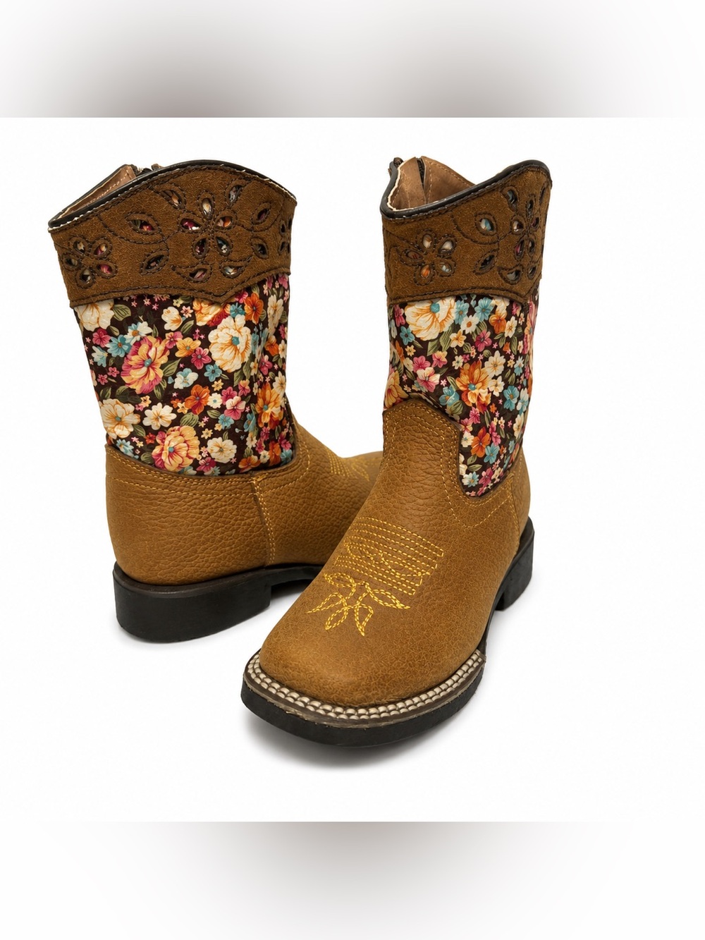 Blackstone Brown Leather Ankle Western Boots with Floral Shaft